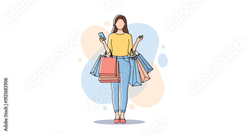 Woman holding shopping bags and smartphone representing consumerism and retail therapy after online purchases and store visits