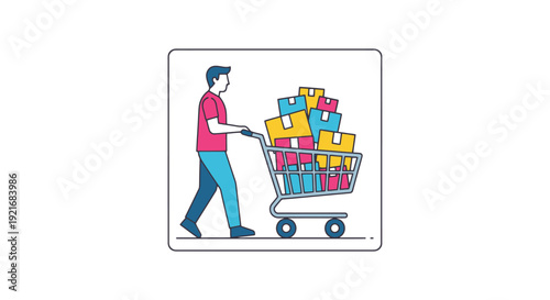 Man Pushing Shopping Cart Full of Colorful Boxes and Packages on a White Background Representing Commerce and Consumerism