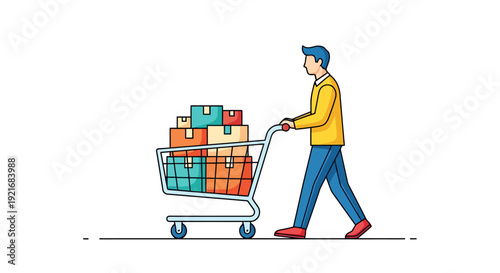 Man Pushing Full Shopping Cart With Boxes And Packages Towards Destination Concept Of Buying And Delivery Services