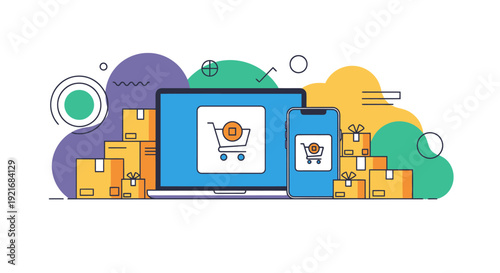 Digital Commerce Shopping Online Laptop Mobile Device Delivering Packages Worldwide Business Growth Modern Technology Flat Design Illustration