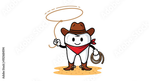 A charming cartoon cowboy tooth character playfully holding a lasso and rope showcasing a distinct silhouette high quality professional detailed modern