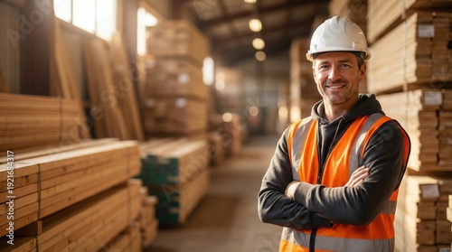 Confident worker portrait in industrial warehouse with lumber stacks