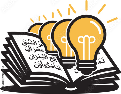 Islamic education concept featuring an open Arabic book with glowing light-bulbs for enlightenment.