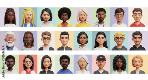 Diverse group of cartoon people portraits in a grid.