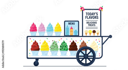 Colorful ice cream cart with assorted flavors and menu board