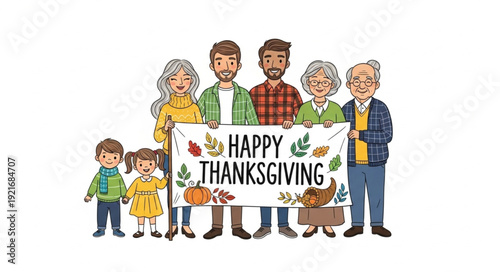 Happy Thanksgiving Cartoon Family Gathering.