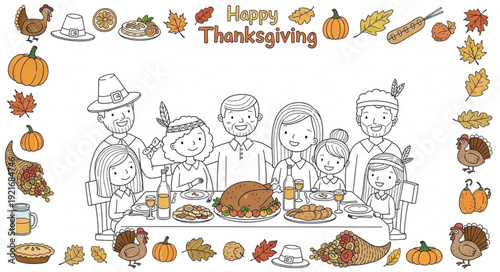 Happy Thanksgiving Family Dinner Illustration.