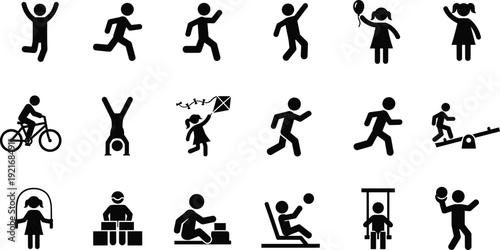 Children Activity Silhouette Icons Set Featuring Kids Running, Playing, Cycling, Jumping Rope and Playground Activities Isolated on White Background for Education and Recreation Design