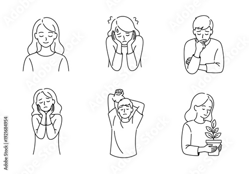 Collection of Six Diverse Human Figures Expressing Negative Emotions And Emotional Stress Through Simple Outline Drawings