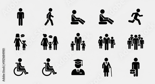 Collection of diverse human pictogram icons representing various activities and demographics.