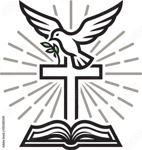 Sacred christian symbols featuring holy bible with cross and flying dove of peace with olive branch in light.