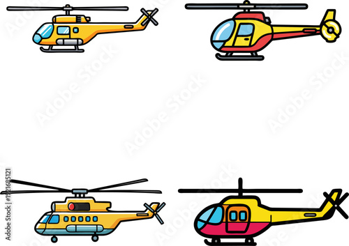 Collection of helicopter illustrations showcasing various models and designs in different colors and configurations