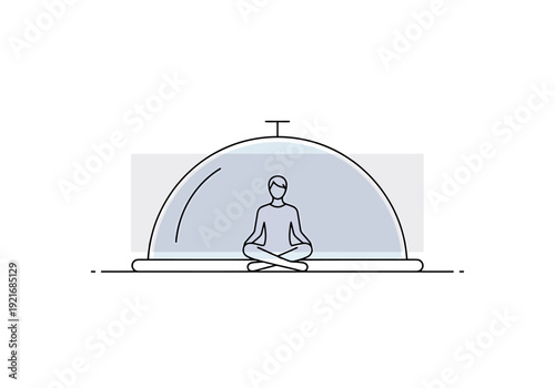 Individual meditating under a glass dome representing personal space and tranquility in a protected environment concept
