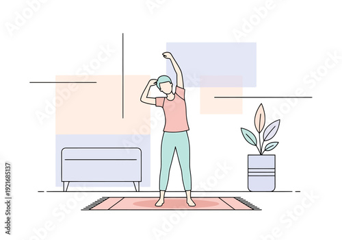 Person stretching indoor on mat beside furniture and plant with simple background geometric shapes and clean lines for wellness and healthy lifestyle