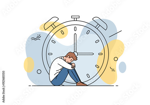 Man sitting stressed beside large clock face symbolizing deadline pressure and time management challenges faced by individuals