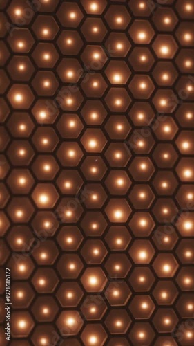 Abstract Hexagonal Sparkle A warm, ambient light effect where individual hexagonal cells in an abstract grid subtly twinkle and glow, mimicking scattered firelight. Seamless loop.