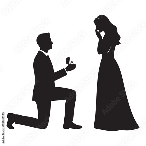 Man proposing on one knee with ring silhouette vector illustration romantic engagement couple icon isolated