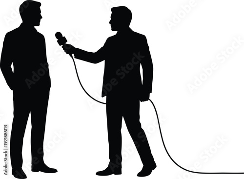 Silhouette of professional journalist interviewing businessman with microphone, flat vector illustration of news reporter conducting media interview for broadcast and journalism.