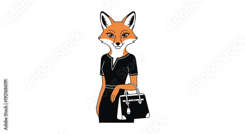An anthropomorphic fox wearing a black dress and carrying a handbag presented as a striking silhouette high quality professional detailed modern
