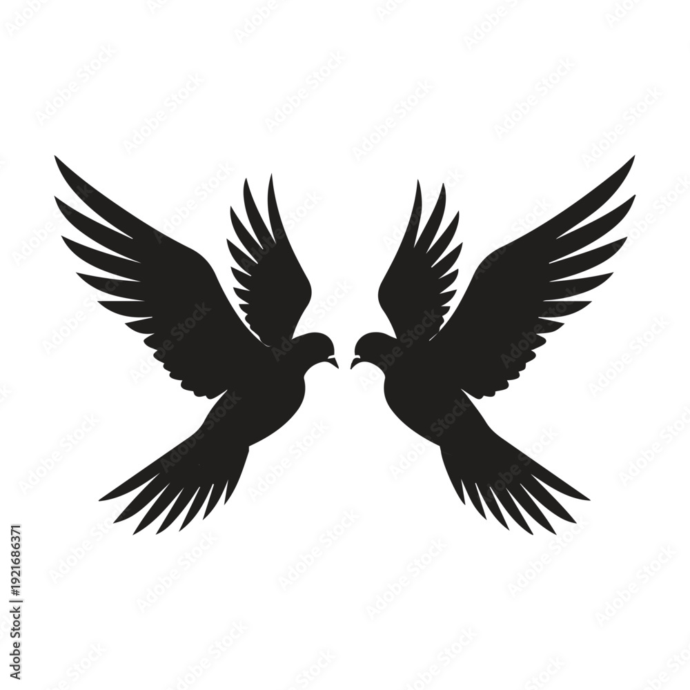 Fototapeta premium Two Flying Pigeons Black Silhouette Vector