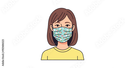 A digital illustration showcases a woman wearing a floral face mask against a white background a simple silhouette high quality professional