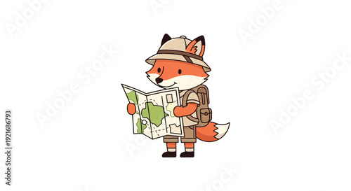 An adventurous fox explorer studies a detailed map while wearing a safari hat and backpack silhouette high quality professional modern elegant