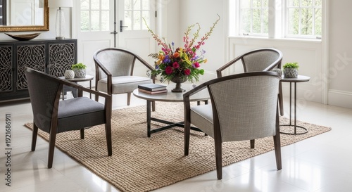 Elegant living room interior with chairs table and decorative flowers