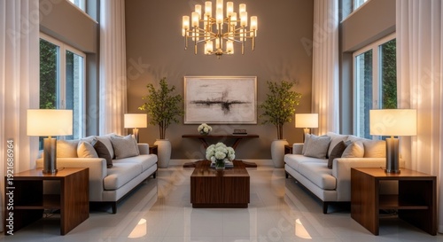 Elegant living room interior with sofas tables and decorative elements