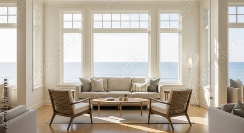 Elegant living room with ocean view relaxation and comfort indoors