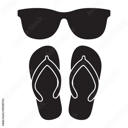 Summer sunglasses and flip flops silhouette vector illustration beach vacation accessory icon isolated tropical holiday design