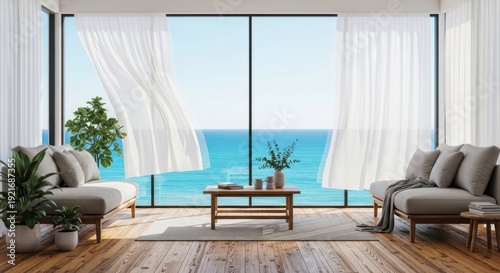 Living room interior with ocean view and sheer curtains in bright sunlight