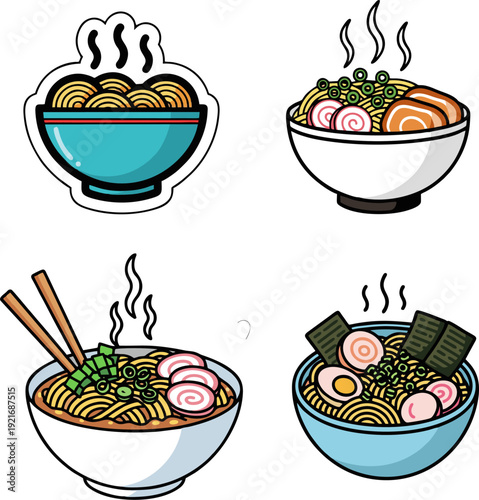 Various bowls of delicious ramen, a popular Japanese noodle soup, with fresh ingredients and steaming broth