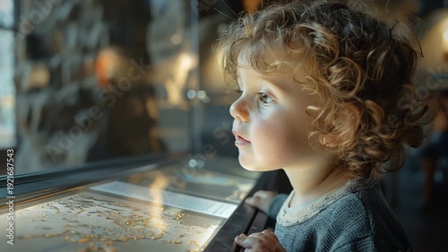 Curious, curly-haired child stands amidst dim museum lighting, gazing wonder at historical artifacts on display, demonstrating role exhibits in sparking young minds through culture history education