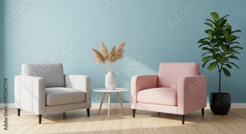 Modern interior design with armchairs and decorative elements for home decor