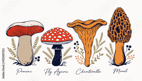 Very beautiful vintage mushroom collection including porcini, fly agaric, chanterelle, and morel, delicately painted with moss accents to create nostalgic botanical charm.