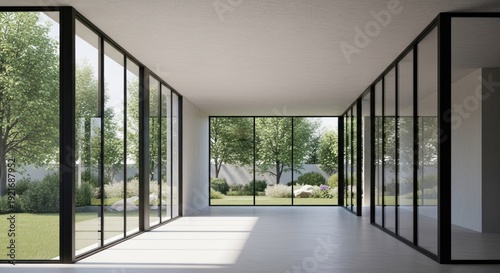 Modern interior with large windows overlooking green trees and a grassy lawn