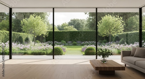 Modern interior view of garden through large windows with greenery