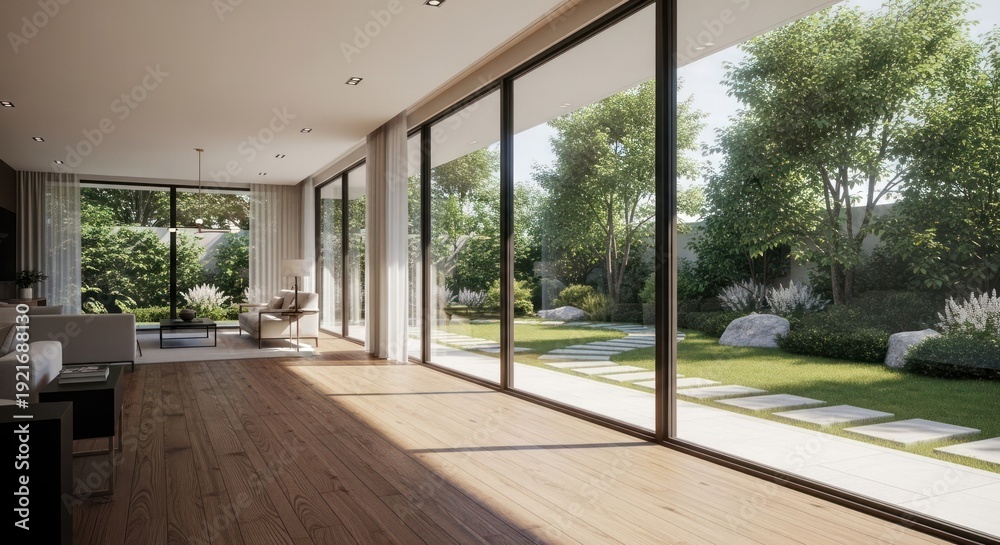 Fototapeta premium Modern interior with large windows and a view of the backyard garden