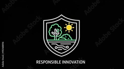 Black line art of digital shield containing tree and sun ecosystem, responsible innovation concept