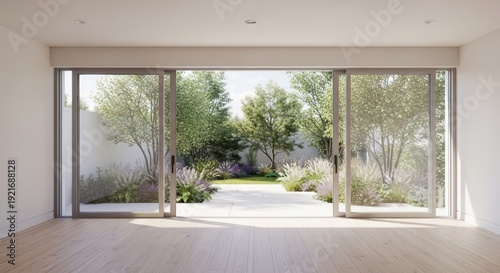 Modern interior with large glass doors opening to a garden scene
