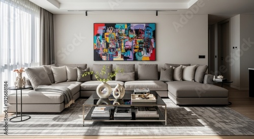 Modern living room interior design with comfortable sofa and abstract art