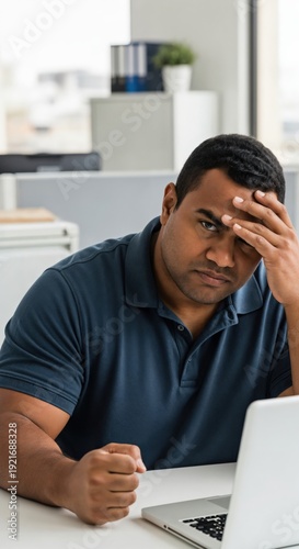 Frustrated South Asian male professional experiencing digital burnout and technical failure at desk.