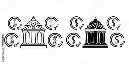 Banking and finance symbols with buildings and currency signs