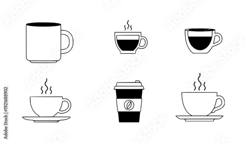 Coffee Cup Vector Icon Set with Mug and Takeaway Variations in Flat Design