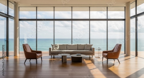 Modern living room with ocean view large windows contemporary design