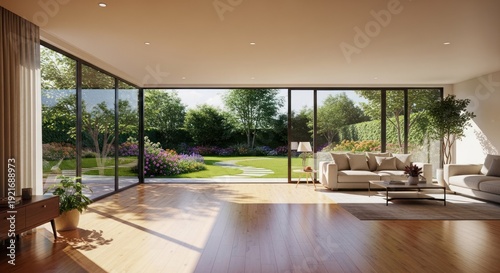 Modern living room with large windows overlooking a beautiful garden