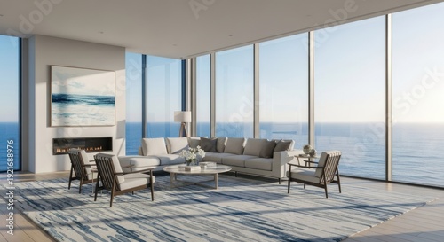 Modern living room with ocean view large windows minimalist design