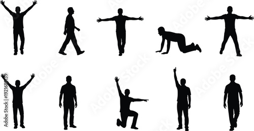 Collection of human silhouette poses set isolated on white background, diverse male figure gestures including walking, jumping, kneeling and standing positions for design use