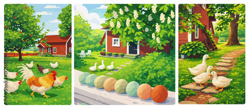 triptych illustration of a farm with chickens, ducks, colorful eggs, and red barns