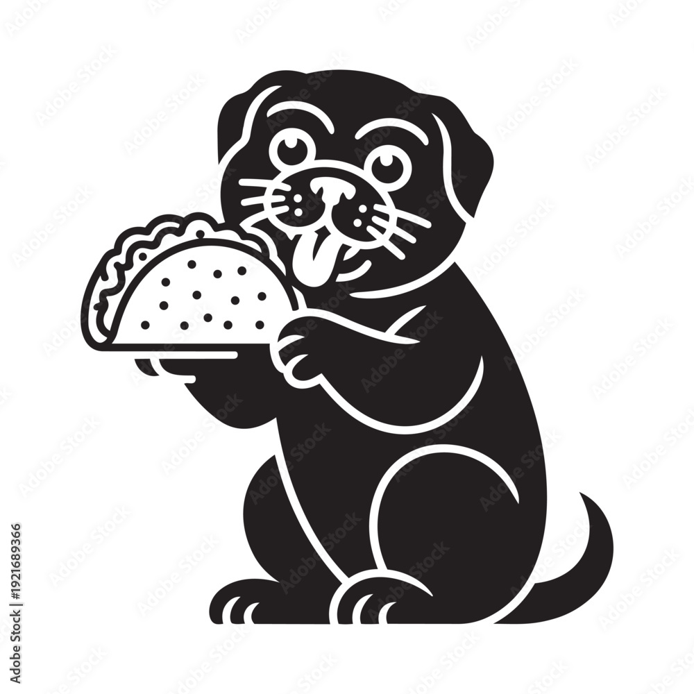 Fototapeta premium Cute puppy holding Mexican taco cartoon silhouette vector illustration